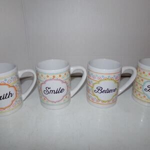 GIBSON PORCELAIN 4 PC. CUPS MUGS INSPIRATION PINK FLORAL FAITH SMILE BELIEVE DRE